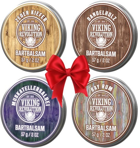 Viking Revolution - Bart Balsam 4er-Sortenpackung - Bartwachs - Stylt, Stärkt und Macht Weich - Sandelholz, Zeder & Kiefer, Bay Rum, Muskatellersalbei - Geschenke Für Männer - 4 x 28g