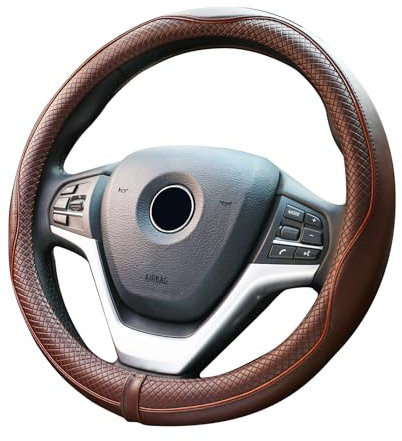 Valleycomfy Steering Wheel Covers Universal 15 inch - Genuine Leather, Breathable, Anti Slip & Odor Free (Coffee, M(14 1/2-15 1/4))