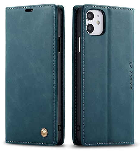 QLTYPRI Hülle für iPhone 11, Vintage Dünne Handyhülle mit Kartenfach Geld Slot Ständer PU Ledertasche TPU Bumper Wallet Case Flip Schutzhülle Kompatibel mit iPhone 11 - Blau