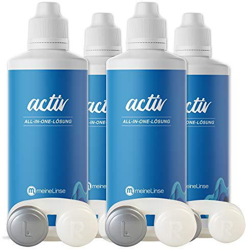 meineLinse activ All-in-One Kontaktlinsen Flüssigkeit für weiche Linsen | 4x 360ml + 4 Behälter | Kontaktlinsenflüssigkeit mit extra Plus an Feuchtigkeit