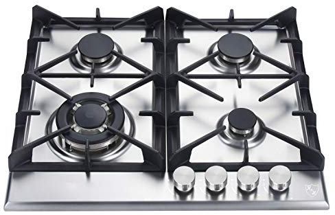 K&H Edelstahl Gaskochfeld 58cm [4 ZONEN] - Gasherdplatte Erdgas - Propangasherd mit Wok Brenner - Thermoelement Flammenaustrittssystem - 4Z-KHSSW - Autark - Gusseisen Topfträger - Abschaltautomatik