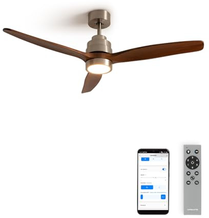 CREATE / WINDSTYLANCE NATURAL WOOD/Deckenventilator mit Beleuchtung Nickel Dunkelholzflügel mit WLAN und Fernbedienung/ 40W, Leise, Ø132 cm, 6 Geschwindigkeiten, Timer, DC-Motor, Sommer-Winterbetrieb