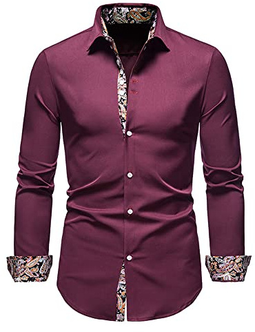 Herr paisleyskjorta långärmad blommigt tryck vardaglig retro button-down-skjorta herr blommig skjorta ledig knapp ner långärmad blomma tryckt skjorta bomull herr blommig formell botten skjorta, C-röd, M