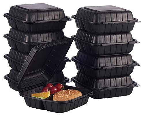 FULING [8x8-Inch, 50 Pieces, 3-Compartment Disposable To Go Box Containers, Plastic Clamshell Takeout Food Trays, Microwave Safe, Cut Resistantstable Hinged Lid, Hybrid Polypropylene, Black