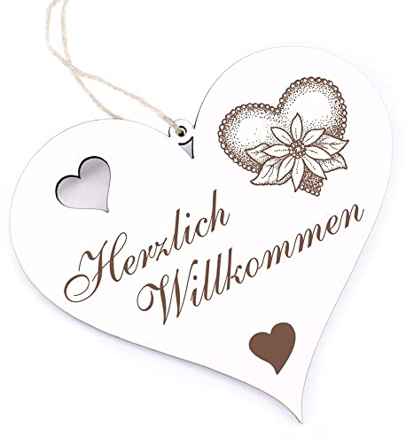 Herzlich Willkommen Schild - Herz mit Blume - Deko Herz Holz Willkommensschild Türschild Dekoschild Türdeko