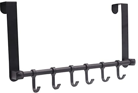 Biomoty Türhaken, Türhänger, bewegliche 6 Haken über der Tür, Garderobe zum Aufhängen, Aluminium, robuster Tür-Organizer für Handtuch, Bademantel, hinter der Rückseite der Tür, Badezimmer (schwarz)