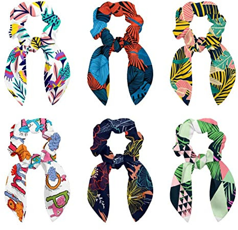 6 Pcs Hair Scrunchies - Colorful Palm Leaves Hair Scarf Scrunchy with Ribbon Bow, Elastic Hair Ties Ponytail Holders for Women Teenage Girls