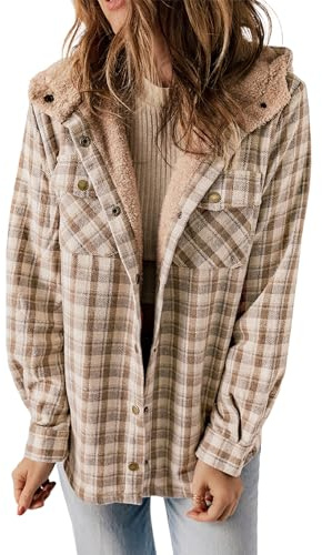 Dokotoo Womens Flannel Plaid Shacket Fall Winter Fleece Jacket Coat Khaki