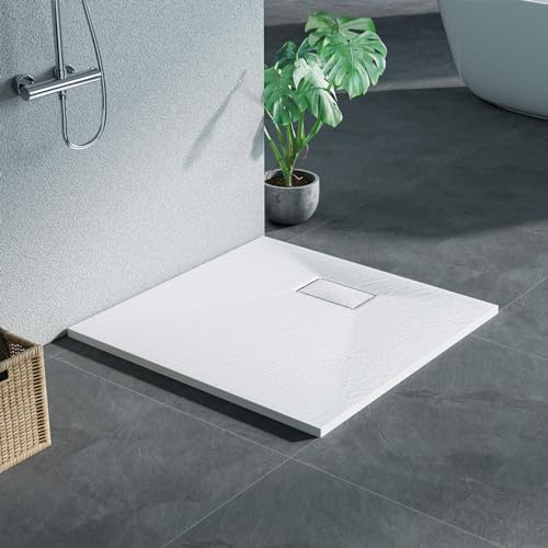 Heilmetz SMC Duschwanne 80 x 80 cm flache 2,6 cm, Steinoptik Weiß | Pflegeleichte SMC Duschtasse mit rutschhemmender Steinoptik, 2,6 cm Höhe und 90 mm Ablauföffnung für flexible Montage