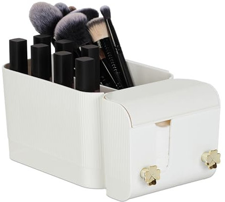 Relaxdays Kosmetik Organizer, 4 Fächer & 2 Haken, Wattestäbchenbehälter im Bad, Klebe-Wandmontage, Kunststoff, weiß/Gold