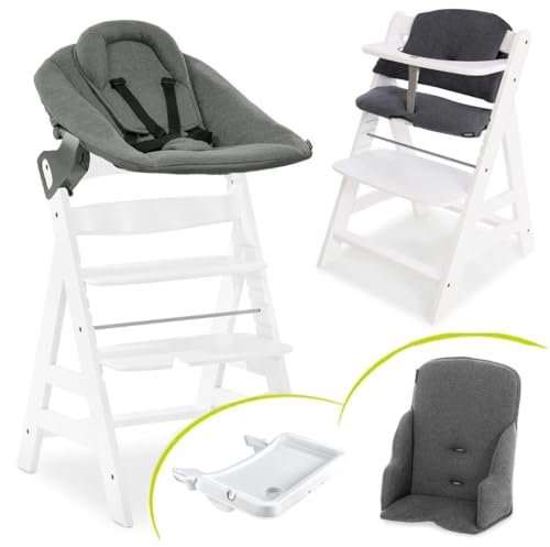 hauck Baby Hochstuhl Alpha+ XXL Set ab Geburt - Premium Neugeborenenaufsatz mit 5-Punkt-Gurt, Tablett und Sitzverkleinerer - Mitwachsender Holz Babystuhl mit Liegefunktion - Weiß