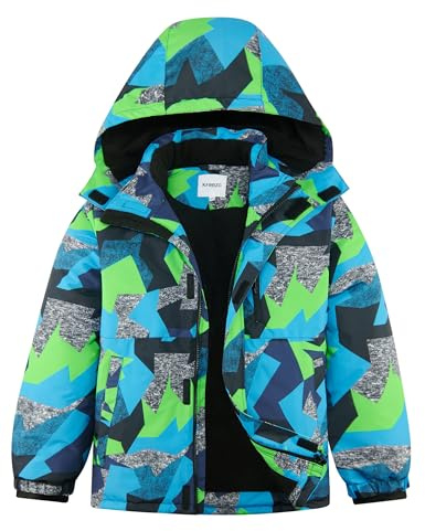 KFRRZC Boys Winter Waterproof Ski Jacket Kids Fleece Lined Warm Snow Coat with Detachable Hood(Blue Geometry,9-10)