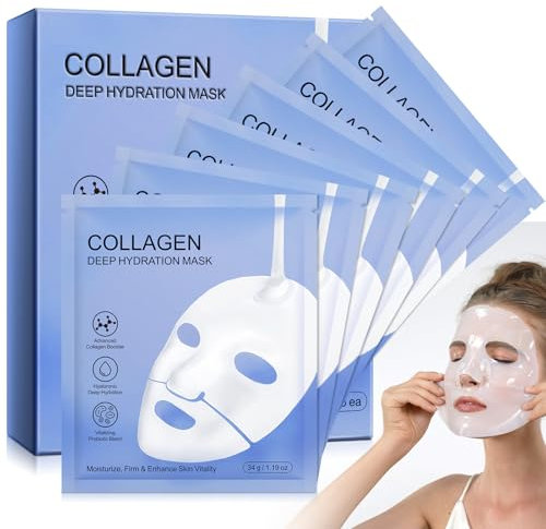 Mascarilla de Colageno, 6PCS Bio Collagen Real Deep Mask, Mascarilla Antienvejecimiento de Colágeno Profundo para Todo Tipo de Piel, Minimización de Poros, Mejora de la Elasticidad