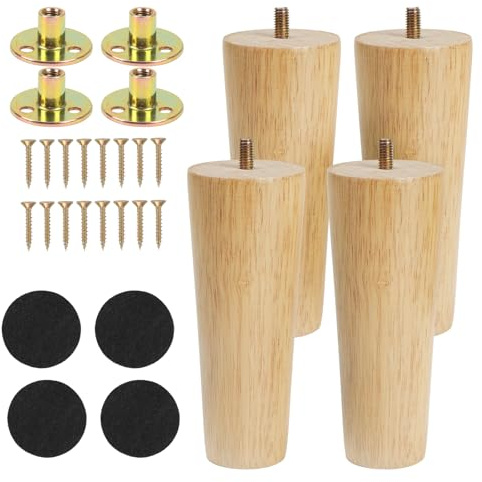 Luabue 6 inch Wooden Furniture Legs 15cm Sofa Feet Chair Legs Set of 4 | Solid Rubber Wood Bed Cabinet Legs with M8 Thread, Straight Cone Furniture Feet with Non-Slip Floor Protection Pads & Screws