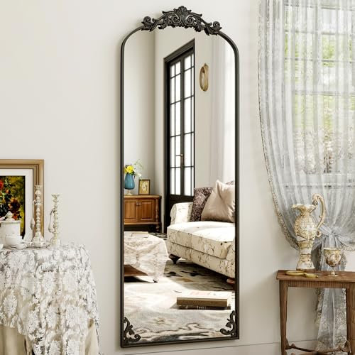 Koonmi Vintage Standing Mirror Full Length, 52x163 cm Shatterproof Gorgeous Floor Body Mirror with Beautiful Retro Engraving Process for Bedroom Hallway, Black