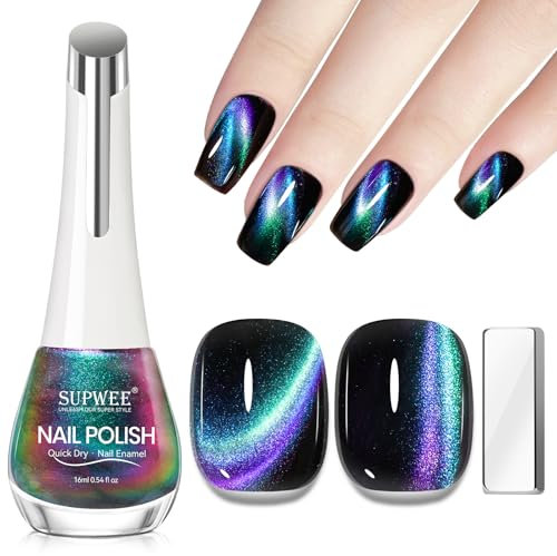 SUPWEE Cat Eye Nagellack mit Magnet, 16ML Schnelltrocknend Cat Eye Nail Polish Ohne UV Lampe Chamäleon Nagellack Holografisch Magnetisch Maniküre Oil Based Nail Polish DIY Salon