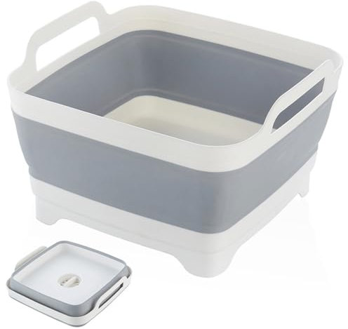 Ciotola pieghevole da 10 l, per campeggio, con scarico, colore: bianco/grigio