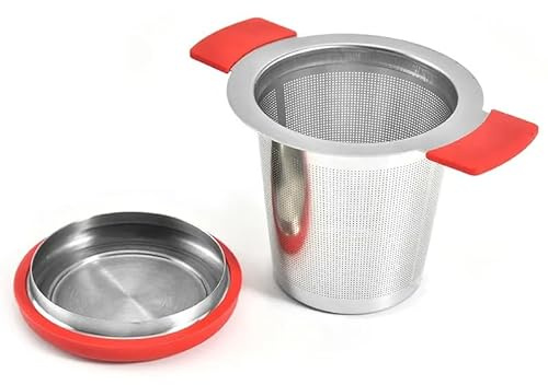 VIER - Infusore per tè in acciaio inox 18/10 (304), doppia maniglia. Tè sfuso e spezie, setaccio a maglia extra fine, ideale per tè nero, roooibos e altro. Coperchio e manici in silicone.