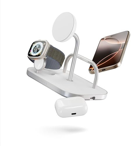 Zens 4-in-1 Wireless Charger, Caricatore Wireless MagSafe e Qi2 da 15 W per iPhone/Apple Watch/AirPods, Adattatore da 65 W Incluso (EU/UK/US) Con Cavo da 1,5 m Integrato, Bianco
