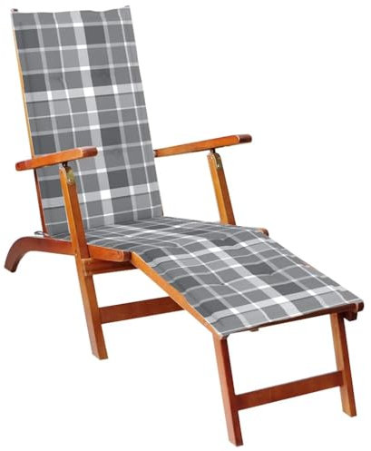 Myheimly Akazienholz Massiv Liegestuhl mit Fußstütze Auflage Deckchair Holzliege Gartenmöbel Liege Relaxliege Gartenliege Sonnenliege Graues Karomuster