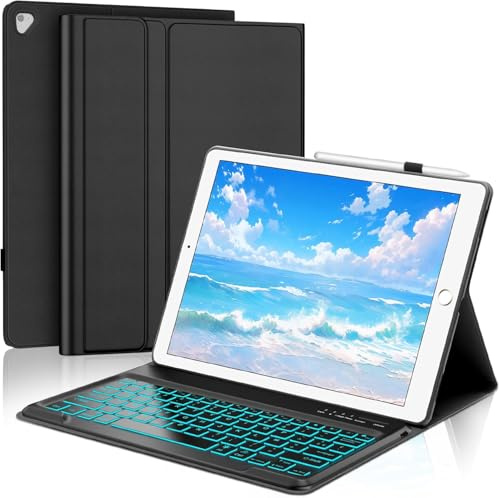 WAVATA Teclado para iPad Pro 12.9 1St/2nd Generation 2015/2017 con retroiluminado, funda teclado para iPad Pro 12.9 2017/2015 Magnética Extraíble Bluetooth Francés AZERTY Layout, Negro