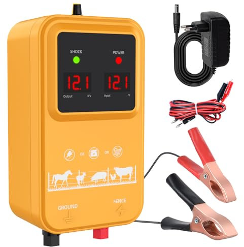 7 KV-13 KV Weidezaungerät mit LED Anzeige, 2J Wasserdicht Elektrischer Weidezaun, 15 KM Reichweite Eelektrozaun für Schutz von Nutztieren,Haustieren,Geflügel, Hausweide,Gärten (Orange)