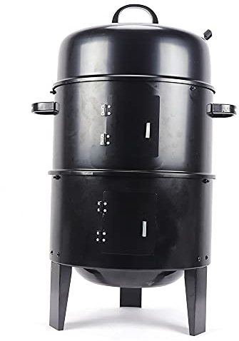Fumoir 3 en 1 - Barbecue au charbon de bois - Intensité du vent réglable avec thermomètre - Fonction chauffante à double couche - Barbecue au charbon de bois avec poignées chromées