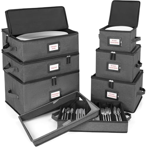ANILD China Storage Containers 7-Piece Set, Hard Shell Box Moving Dishes, Plates, Wine and Glasses, Dinnerware, Mugs, Saucers, Ideal for Kitchen Organization