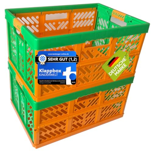 KiNDERWELT Lot de 2 boîtes pliantes professionnelles robustes de 45 l jusqu'à 50 kg - Boîte pliante, panier de rangement, transport - Orange