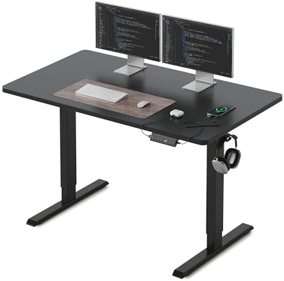 FEZIBO Höhenverstellbarer Schreibtisch EINTEILIGER Tischplatte 100x60cm | Schreibtisch Höhenverstellbar Elektrisch mit USB-C und USB-A-Ladeanschlüssen, 80kg Tragkraft, 3 Memory-Funktion, Schwarz