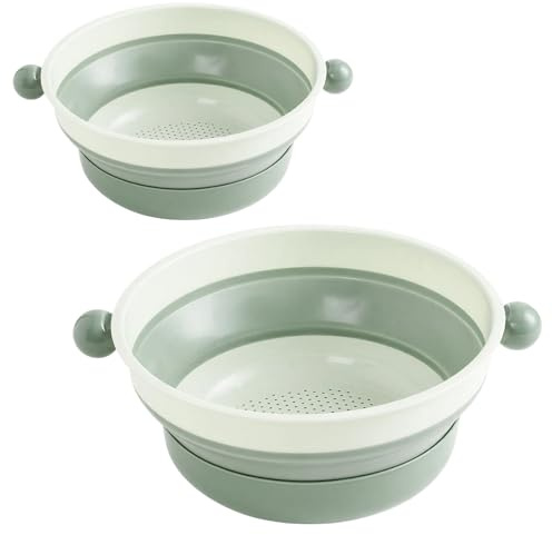 2 Pcs Green Collapsible Colander, Foldable Strainer with Handle & Base, Space Saving Colander Plastic for Fruit & Vegetable Draining, Bowl Food Strainer for Home & Camping Use (Small+Large)