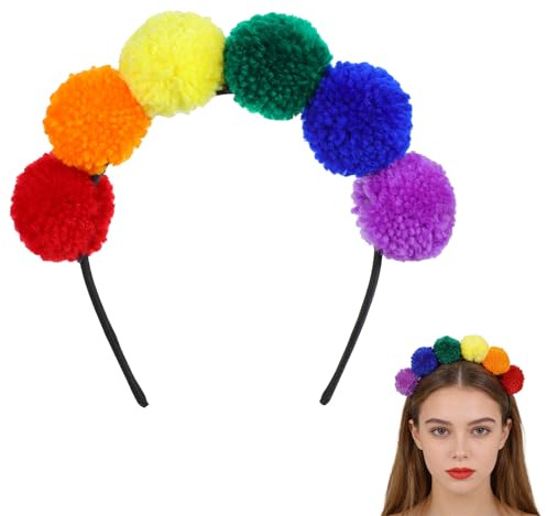 Regnbåge pom poms diadem, färgglada hårsmycken karnevaler, regnbåge pompom-tiara, pom pom pom diadem, huvudbonad för karneval, karneval och fest