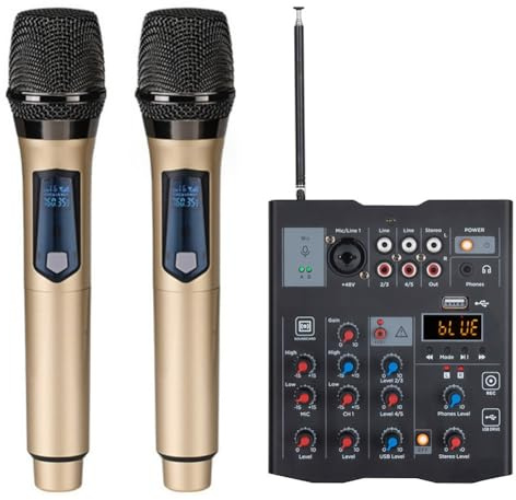 Bosiyrggrl 5-Channel Audio Mixer with UHF Wireless Microphone Studio Sound Mixer Bluetooth REC DJ Console Mixing for Karaoke Easy Install Easy to Use