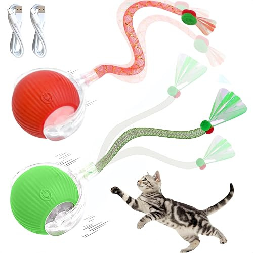 Interaktives Katzenspielzeug Ball,Mit Schwanz und LED-Licht Intelligent Elektrisch Katzenball,3 Spielmodi Rollender Spielzeug Ball,Anwendbar für Hauskatzen Selbstbeschäftigung Spielzeugball(Rot+Grün)