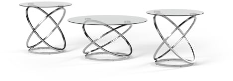Signature Design by Ashley Hollynyx Contemporary Round 3-Piece Occasional Table Set, Includes Coffee Table and 2 End Tables, Chrome