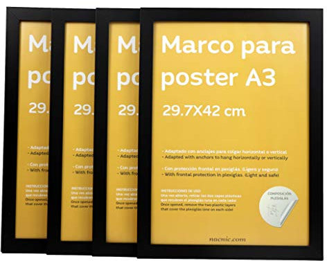 Nacnic – Set di 4 cornici Nere. Dimensione A3 (29,7x42 cm). Ideale per incorniciare foto, stampe, quadri, riconoscimenti e poster. Materiali di Alta qualità.