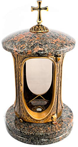 Elegante farol para tumba Elégant con cruz de granito Aurora Finlandia, altura 27 cm/15 cm de diámetro, lámpara de granito, lámpara de granito, bronce con base decorativa para tumbas