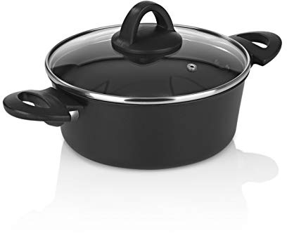 Bratoni Cacerola de aluminio forjado con tapa de vidrio - 20 cm | Hervidor antiadherente con asas Cool-Touch | Todo tipo de utensilios de cocina, incluyendo los de inducción