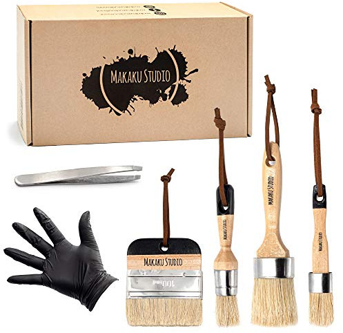 Makaku Studio Set of Chalk Paint and Wax Brushes - For Furniture, White Wood Decorating, Craft - Natural Boar Bristle Brush Kit + BONUS Pair of Tweezers (4 Brushes)