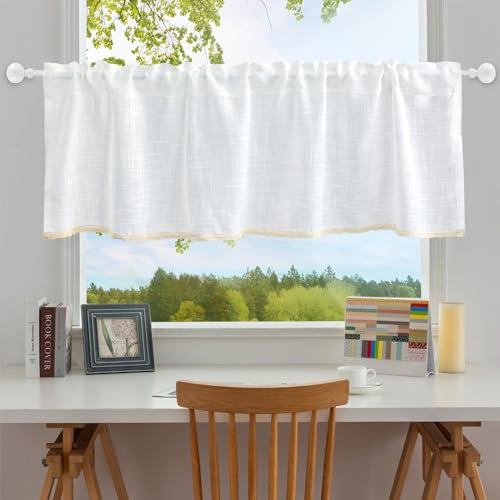 choicehot Baumwolle-Leinen-Kurzgardine Scheibengardine Weiß Halbtransparent Bistrogardine mit Spitze Küchenvorhänge Landhausstil Gardine Schlafzimmer 25x120cm(H×B)