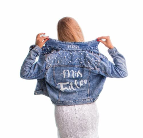 Chaqueta de mezclilla personalizada con perlas Future Mrs. Chaqueta personalizada, Chaqueta de mezclilla para novia, chaquetas de boda, chaqueta Wifey, Azul, S