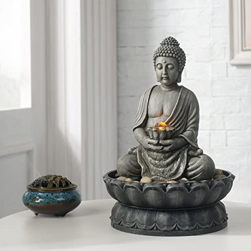 GOSSI 11.2 Inch Tall Indoor Tabletop Buddha Fountain with Reflective Lighting and Cobblestone Base, Zen Desk Water Fountain for Office and Home Decor