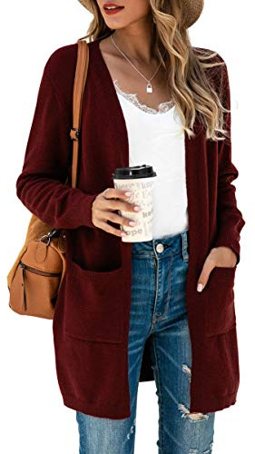 TASAMO Womens Long Cardigans Solid Color Comfy Ribbed Hem Office Work Duster(Small, Wine red)