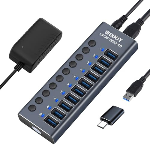 WLXKJY USB 3.0 Hub 10 Ports mit 72W Netzteil (24V/3A), Aluminium USB Verteiler Aktiver Hub 5Gbps Datenübertragung & Schnellladung für Büro, Zuhause, PC, Laptop, Externe Festplatten