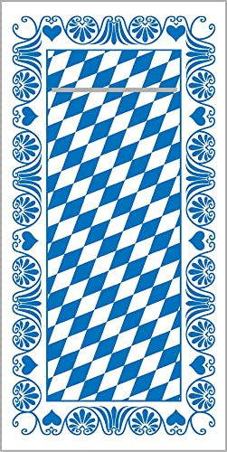Sovie HORECA Besteckserviette BAVARIA in BLAU aus Tissue-Deluxe, 40 x 40 cm, 1/8 Falz, 75 Stück – Bayrisches Rautendesign in Blau-Weiß mit Ornamentbordüre für Feste & Gastronomie