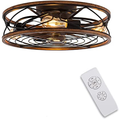 Ceiling Fans with Lights, 20'' Low Profile Caged Lighting with Remote Control, Bladeless Fan with Reversible Motor, 3 Speeds Enclosed Flush Mount Farmhouse Style for Kitchen, Bedroom, Dining Room