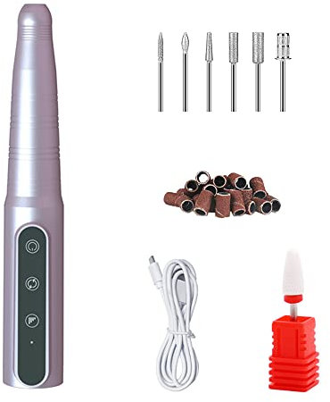 Elektrische Nagelfeile, Speicherleistung Nagelbohrer Set für Acrylgelägel, Tragbarer Verstellbarer Geschwindigkeitsmaniküre Pediküre Kit mit Nagelbohrern und 56 Stück Feiner Schleifgürtel(Rosa)
