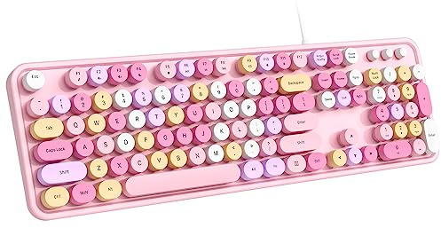 Dilter Wired Keyboard, 104 Keys Full-Sized Typewriter Keyboards, USB Plug and Play Office Keyboard with Number Pad, Caps Indicators, Foldable Stands for Windows, PC, Laptop (Pink Colorful)