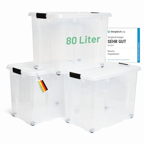 Novaliv 3 scatole portaoggetti con coperchio, grandi 80 l, trasparenti, impilabili, con chiusura a clip, in plastica, senza BPA, 61 x 40 x 45 cm