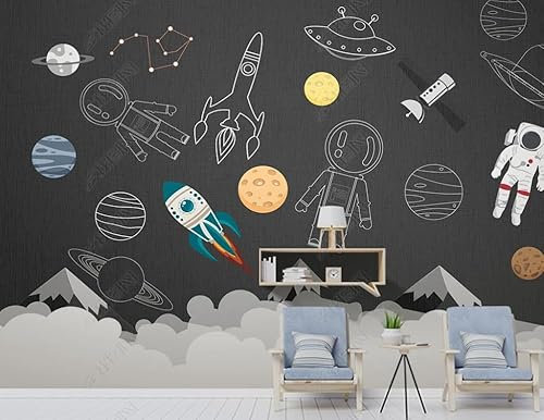 Fototapete 3D Effekt Tapeten 3D Schwarz Und Weiß Grau Weltraum Sternenhimmel Planet Kinder Tapete Fototapeten Vlies Wandtapete Wohnzimmer Schlafzimmer Wand Schmücken 300Cm(W)*210Cm(H)